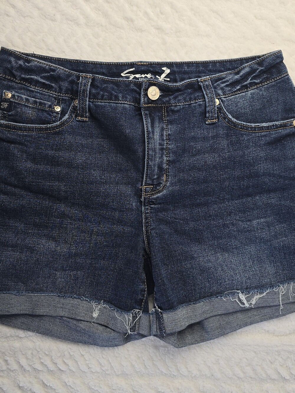 Seven7 Weekend Shorts Denim Blue Dark Wash Cuffed Raw Hem Cutoff Mid Rise 6